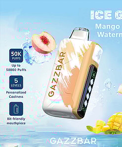 Gazzbar ICE GOD disposable vape device with a brushstroke design, floating among images of peach and mango slices, ice cubes, and text highlighting mango, peach, and watermelon flavors, 50,000 puffs, personalized coolness, and bit-friendly mouthpiece.