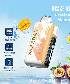 GAZZBAR Ice God vape device with mango ice and passion fruit flavor imagery, surrounded by ice cubes, fruit slices, and product feature highlights including 50,000 puffs, five cooling levels, and a bit-friendly mouthpiece.