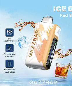 Promotional image for Gazzbar Ice God Red Bull flavored vape, showing the device with paint streak design, features like 50,000 puffs and 5 cooling levels, and two glasses splashing with an amber drink and ice.