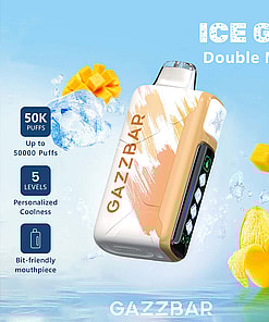 Promotional image for Gazzbar Ice God Double Mango vape, featuring a stylized vape device, ice cubes, mango chunks, and highlighted features such as 50,000 puffs, personalized coolness, and a comfortable mouthpiece.