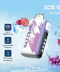 Promotional image for GAZZBAR Ice God Grape Ice vape, featuring a stylish disposable vape device, ice cubes, grapes, and text highlighting 50,000 puffs, 5 coolness levels, and a bit-friendly mouthpiece.