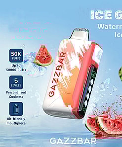 Gazzbar Ice God Watermelon Ice vape device with digital display, surrounded by watermelon slices and ice, highlighting features such as 50,000 puffs, five cooling levels, and a bit-friendly mouthpiece.