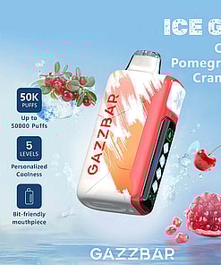 Gazzbar Ice God disposable vape device with red and white design, featuring cherry, pomegranate, and cranberry flavors, highlighting features such as 50,000 puffs, five coolness levels, and a bit-friendly mouthpiece with background images of the fruits and ice.