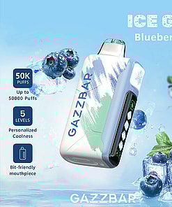 GazzBar Ice God Blueberry Ice vape device surrounded by blueberries and ice cubes, highlighting features like 50,000 puffs, five coolness levels, and a mouthpiece.