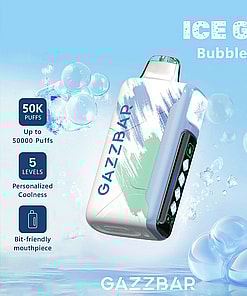 Promotional image for Gazzbar Ice God Bubble Gum vape, showing the device floating among blue bubbles, highlighting features such as 50,000 puffs, five coolness levels, and a bit-friendly mouthpiece.