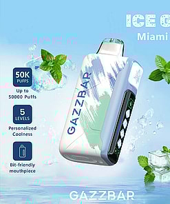Promotional image for the Gazzbar Ice God Miami Mint disposable vape, featuring a sleek device with digital display, surrounded by ice cubes and mint leaves, highlighting features like 50,000 puffs, five cooling levels, and a comfortable mouthpiece.