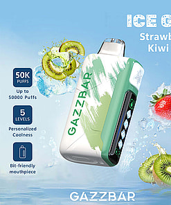 GAZZBAR vape device with green and white design, surrounded by illustrations of ice, strawberries, and kiwi slices, emphasizing strawberry kiwi ice flavor and features like 50,000 puffs and personalized coolness.