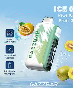 GazzBar Ice God vape device with kiwi, passion fruit, and guava imagery, emphasizing its 50,000 puff capacity, 5 coolness levels, and bit-friendly mouthpiece on a blue background.