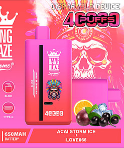 Colorful vape device labeled 'Bang Blaze' with feathered headdress design, surrounded by fruit and ice imagery, and featuring specifications like 4000 puffs, 40 ml volume, and 650mAh battery, against a pink background with a skull illustration.