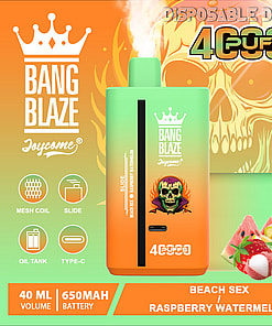 Promotional image of Bang Blaze disposable vape featuring a green and orange vape device labeled with 4000 puffs, mesh coil, 40ml volume, 650mAh battery, and flavors Beach Sex and Raspberry Watermelon, with background skull art and fruit illustrations.