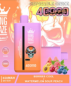 Promotional image of a Bang Blaze Joycome disposable vape in a gradient orange and purple design, featuring a skull with headphones, flavor icons for berries, watermelon, and peach, and highlighted product features such as 4000 puffs, 40ml volume, and 650mAh battery.