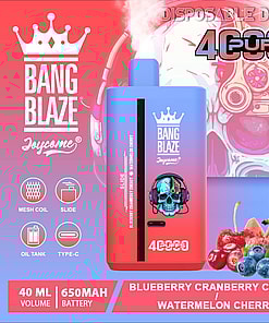 Colorful advertisement for the Bang Blaze Joycome disposable vape device, featuring a pink and blue gradient design with a skull wearing headphones, 40000 puffs capacity, and flavors including blueberry, cranberry, cherry, and watermelon cherry; includes icons for mesh coil, slide, oil tank, and Type-C charging.