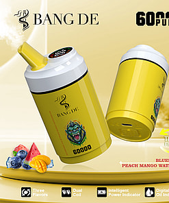Promotional image for Bang De disposable vape device featuring a yellow and white body with a fierce gorilla illustration, highlighting 60,000 puffs, three flavors (blueberry ice, peach mango, watermelon), and features like dual coil, intelligent power indicator, and digital oil indicator.