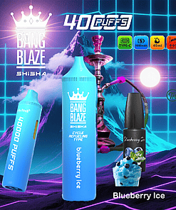 Bang Blaze Blueberry Ice shisha vape product advertisement with two blue vape devices, a hookah, a vape juice bottle, and a blueberry ice dessert on a neon grid background, highlighting features like 40000 puffs, 40ml liquid, and 1000mAh battery.