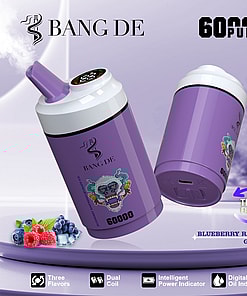 Two purple Bang De disposable vape devices with a gorilla graphic, featuring 60,000 puffs, and flavor options of blueberry, raspberry, and grape ice, displayed with fruit and ice illustrations on a soft purple background.