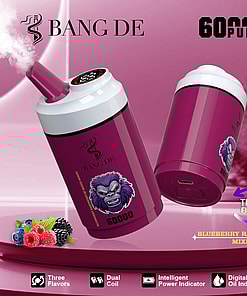 Promotional image for the Bang De vape device showing two purple vape units with a gorilla face graphic, text highlighting 60,000 puffs and three flavors (blueberry, raspberry, mixed berry), and icons indicating features like dual coil and digital indicators, with berries pictured in the foreground.