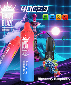Colorful advertisement for Bang Blaze Shisha Blueberry Raspberry vape, featuring two vape pens, a hookah, berries, and product features like 4000 puffs, Type-C charging, 1000mAh battery, 40ml capacity, and 0.6Ω mesh coil.