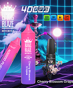 Promotional image for Bang Blaze Shisha Cherry Blossom Grapes flavor featuring two colorful vape devices, a hookah, a bottle labeled 'Cherry Blossom Grapes,' grapes, and cherry blossoms against a neon grid mountain background with product features highlighted at the top.