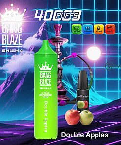 Promotional image for Bang Blaze Shisha vape in Double Apples flavor, featuring a green vape device, a hookah, apples, and vaping liquid against a neon grid and mountain background, highlighting 4000 puffs and product specifications.