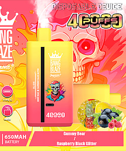 Colorful advertisement for a Bang Blaze Joycome disposable vape device with a 40ml volume and 650mAh battery, gummy bear and raspberry black glitter flavors, a large illustrated skull in the background, and images of gummy bears, blackcurrants, and raspberries in the foreground.