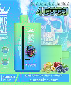 Bang Blaze Joycome disposable vape device in green and blue with a digital display, featuring mesh coil and oil tank icons, product highlights like 4000 puffs, 40ml volume, and 650mAh battery, surrounded by fruit illustrations—kiwi, guava, blueberries, and cherries—and an illustrated skull with headphones in the background.