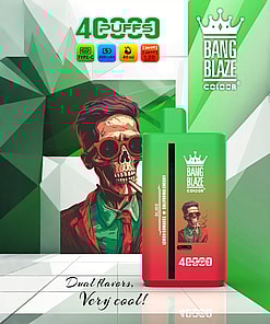 Colorful geometric background featuring a Bang Blaze Color vape device in green and red with a stylized illustration of a person in a suit and bow tie, product branding, and flavor information.