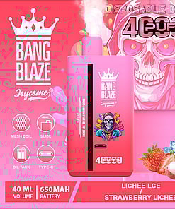Bang Blaze Joycome disposable vape device in pink with illustrations of lychee, strawberries, and ice, highlighting lychee ice and strawberry lychee flavors, mesh coil, 40ml volume, and 650mAh battery.