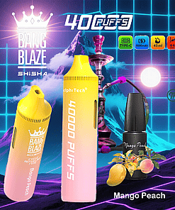 Advertisement for Bang Blaze Shisha vape in mango peach flavor, showing two vape devices, a hookah, a vape liquid bottle with mango and peach fruits, and icons highlighting 40,000 puffs, type-C charging, 1000mAh battery, 40ml capacity, and mesh coil, all set against a neon grid background.