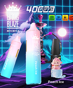 Colorful product advertisement for Bang Blaze Shisha Peach Ice vape, featuring two pastel gradient vape devices, a shisha pipe, and a peach-themed character on an ice cube with a neon retro grid background and key features highlighted at the top.