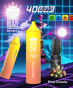 Promotional image for Bang Blaze Shisha Pina Colada vape, featuring two vape devices, a hookah, a flavor bottle with tropical fruits, and icons highlighting 40,000 puffs, type-C charging, 1000mAh battery, 40ml capacity, and 0.6Ω mesh coil, set against a neon retro grid background.