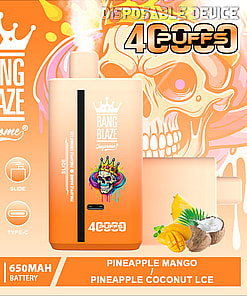 Advertisement for Bang Blaze disposable vape device with a crown logo, featuring a colorful crowned skull illustration, flavor options Pineapple Mango and Pineapple Coconut Ice, 40ml volume, 650mAh battery, mesh coil, type-C charging, and 4000 puffs, with images of pineapple, mango, and coconut on an orange background.