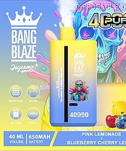 Promotional image for a disposable vape device called Bang Blaze Joycome, featuring a colorful vape with a skeleton design, flavor options of pink lemonade and blueberry cherry lemon, 4000 puffs, 40ml volume, 650mAh battery, and illustrated fruits and a vibrant skeleton in the background.