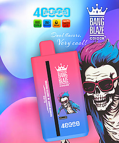 Colorful Bang Blaze vape device with gradient pink and blue design, cartoon character with vibrant blue and pink hair wearing a blue jacket, and promotional text highlighting dual flavors and product features.