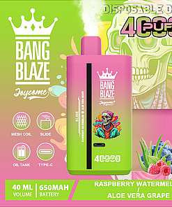 Colorful advertisement for a Bang Blaze disposable vape device with raspberry, watermelon, aloe vera, and grape flavors, featuring bright graphics including a cartoon skeleton with a blurred face, fruit illustrations, and product specs highlighting 40ml volume, 650mAh battery, and 4000 puffs.