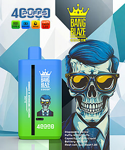 Bang Blaze Color disposable vape device in blue and green with crown logo and text about raspberry winter lemon flavor, shown next to a stylized illustration of a man with blue hair, all set against a geometric blue and white background.