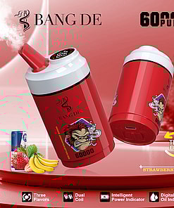 Red disposable vape device labeled 'BANG DE' with a cartoon angry gorilla blowing vapor, advertising 60,000 puffs and three flavors: Red Bull, strawberry, and banana, shown with product features icons at the bottom.