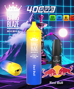 Bang Blaze Shisha vape device and Red Bull flavored e-liquid bottle with Red Bull logo, set against a neon grid and mountain background with vapor clouds, highlighting features like 4000 puffs, Type-C charging, 1000mAh battery, 40ml capacity, and mesh coil.