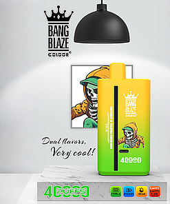 Bang Blaze Coloer vape device with a yellow-green gradient design, branding, a cartoon skeleton in a hoodie, and icons showing dual flavors, Type-C charging, 650mAh battery, and 40ml capacity.