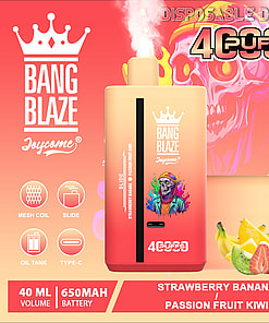 Advertisement for Bang Blaze Joycome disposable vape device featuring 40000 puffs, 40ml volume, 650mAh battery, mesh coil, and type-C charging, with flavors strawberry banana and passion fruit kiwi, and colorful packaging with skull artwork.