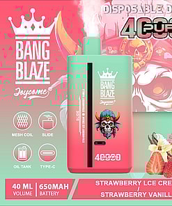 Promotional image for a Joycome Bang Blaze disposable vape device featuring 4000 puffs, strawberry ice cream and strawberry vanilla flavors, product graphics, a skull illustration, and key features including 40ml volume, 650mAh battery, mesh coil, slide feature, oil tank, and Type-C charging.