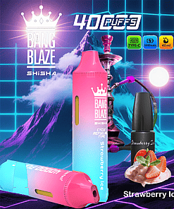 Promotional image for BANG BLAZE Shisha Strawberry Ice vape, featuring two colorful vape devices, a bottle of e-liquid with strawberries and cream, a hookah, and graphical icons showing 4000 puffs, Type-C charging, 1000mAh battery, 40ml capacity, and mesh coil.