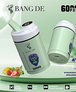 Promotional image for a BANG DE disposable vape device with a green body, a purple gorilla logo, 60,000 puffs, three flavor selection (strawberry, mango, kiwi), and features including dual coil, intelligent power indicator, and digital oil indicator.