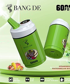 Two green Bang De vape devices with a cartoon monkey graphic, labeled for 60,000 puffs and three flavors (strawberry mango, watermelon, bubble gum), on a green background with product feature icons.