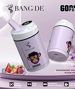 Promotional image for BANG DE vape device featuring two purple disposable vapes with a cartoon monkey logo, text highlighting 60,000 puffs, three flavors (strawberry, watermelon, black dragon ice), and icons for three flavors, dual coil, intelligent power indicator, and digital oil indicator.