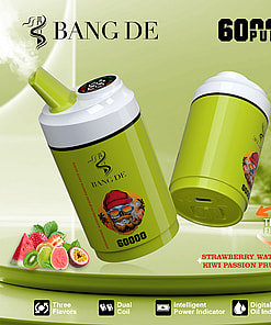 Promotional image for BANG DE disposable vape showing two green vape devices, fruit illustrations, the flavor options strawberry watermelon, kiwi passion fruit, and guava, and text highlighting features like 60,000 puffs, three flavors, dual coil, intelligent power indicator, and digital oil indicator.