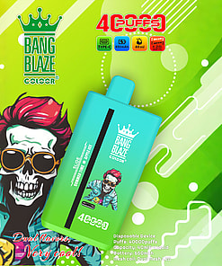 Colorful vape product packaging featuring a cartoon character with red hair, sunglasses, and a skull face, vibrant green and turquoise background, and text highlighting Bang Blaze Color, dual flavors, and device specifications.