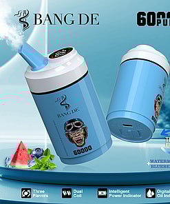 Two blue BANG DE branded disposable vape devices with digital indicators, labeled for 60,000 puffs and featuring dual coil, three flavor options (watermelon ice, blueberry mint), and power and oil indicators, surrounded by flavor ingredients like watermelon, blueberries, and mint.