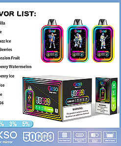 Promotional image for Okso Magic Mirror disposable vapes, displaying ten flavor options, three colorful vape devices, and product packaging with details such as 50 puffs, nicotine levels, and warning label about nicotine.