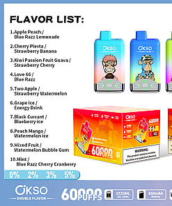 Flavor list for OKSO Double Flavor disposable vape with images of three vape devices featuring cartoon ape designs, product packaging, and highlights of 60,000 puffs, dual 25ml oil tanks, 650mAh battery, and 50ml e-liquid capacity.