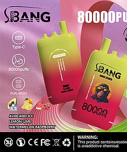 Promotional image for S.Bang Bang Leader vape featuring two colorful vape devices, flavor options (avocado ice, lemon lime, watermelon raspberry), icons for features such as 80,000 puffs, Type-C charging, dual mesh, and a health warning about nicotine.